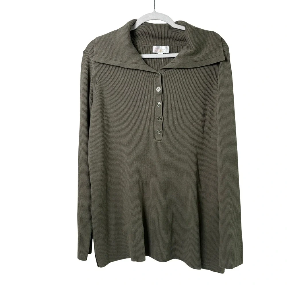 Belle by Kim Gravel Henley Sweater Size XL Olive Green Ribbed Sailor Collar NWOT